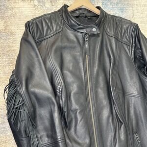 Harley Davidson Womens Black Leather Fringe Jacket Biker Festival Y2K Revival 3W